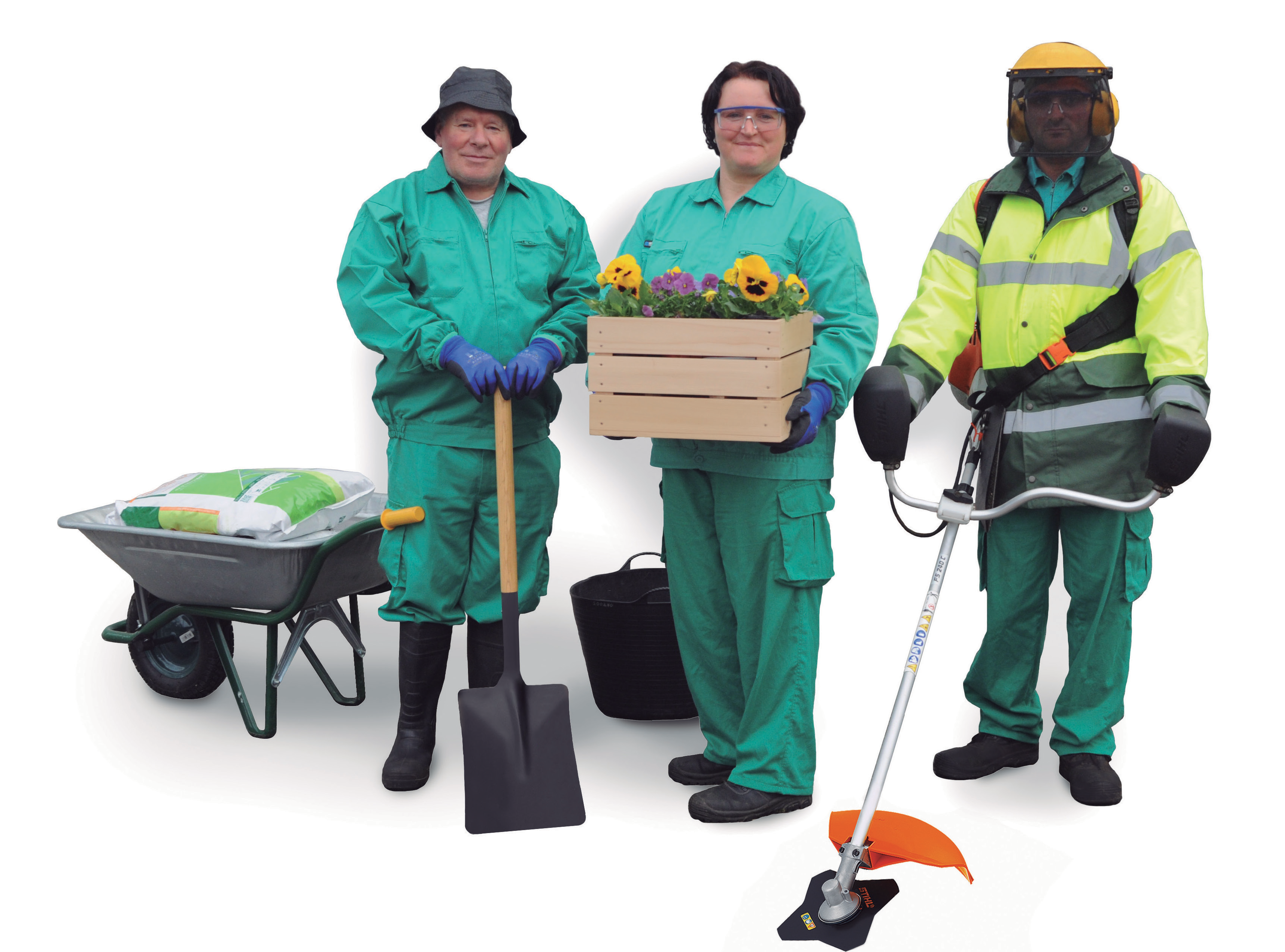 tres empleados con equipo de jardinería